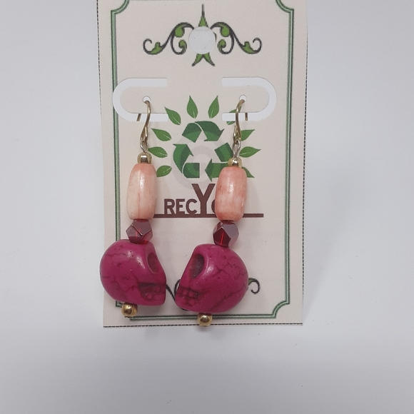 Handmade Pink Skull Earrings With Repurposed Beads - Picture 8 of 8